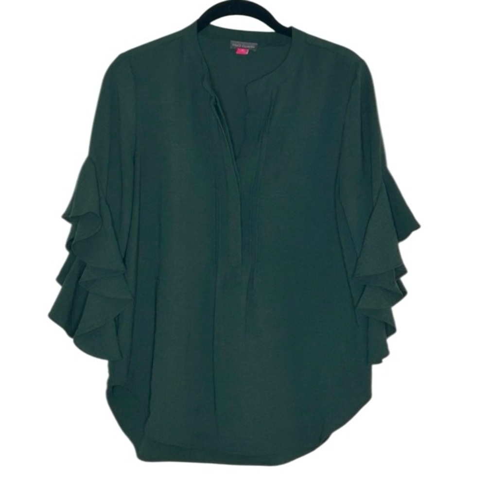 Vince Camuto Ruffle Sleeve Banded Collar‎ Blouse in Hunter Green Sz XS